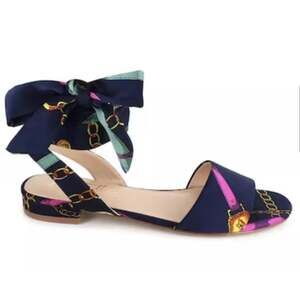 Nanette Lepore Gabriella Sandal Flat Ankle Wrap Sz 6M Scarf Print Navy Blue 6M